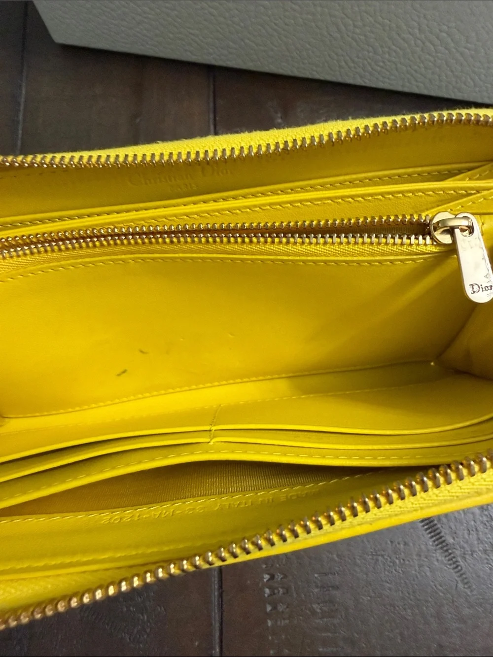 Dior Yellow Quilted Zip Wallet with Gold Hardware